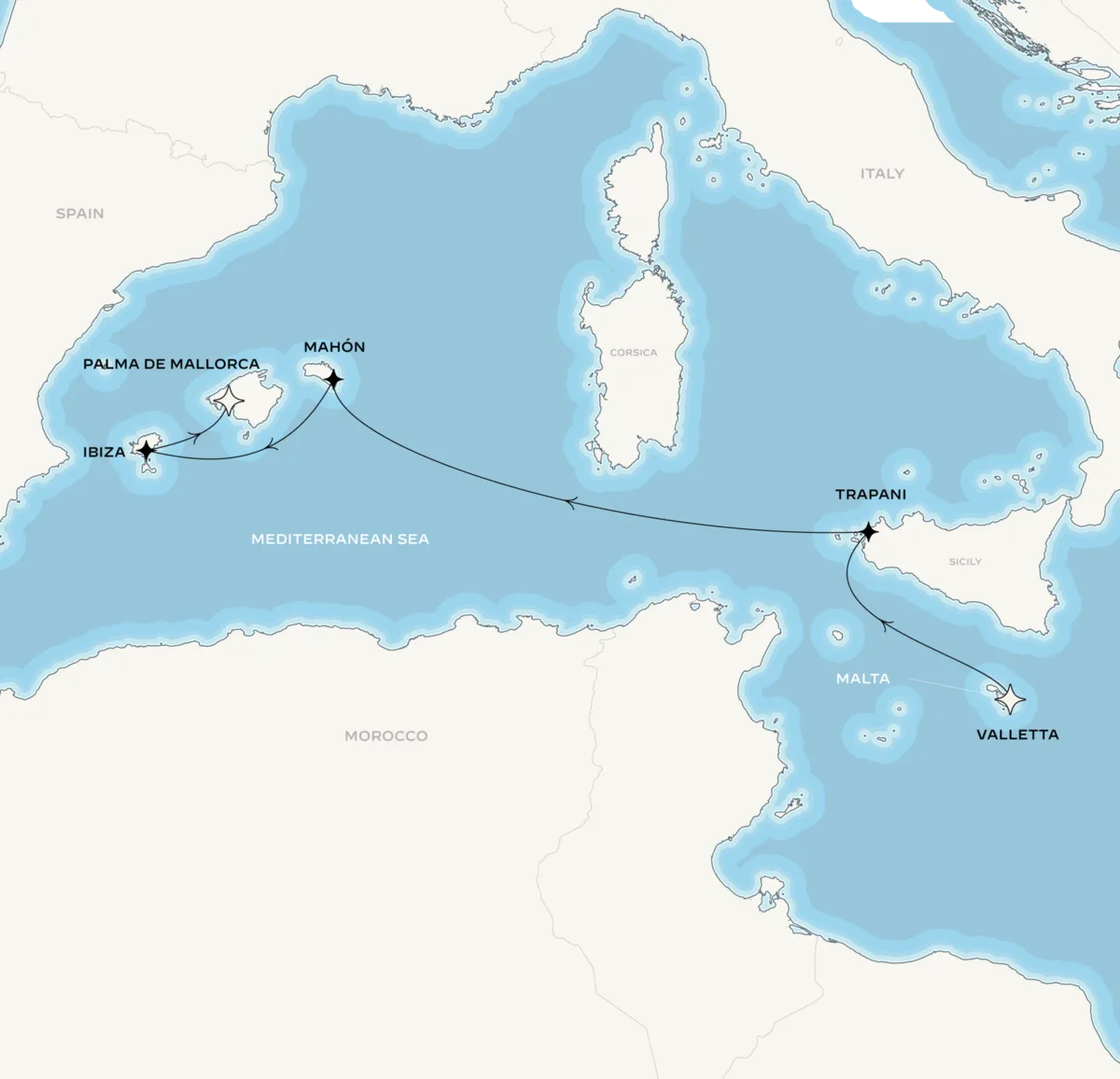 Orient Express Olympian route map from Valletta, Malta to Palma de Mallorca, Spain, June 20-27, 2027