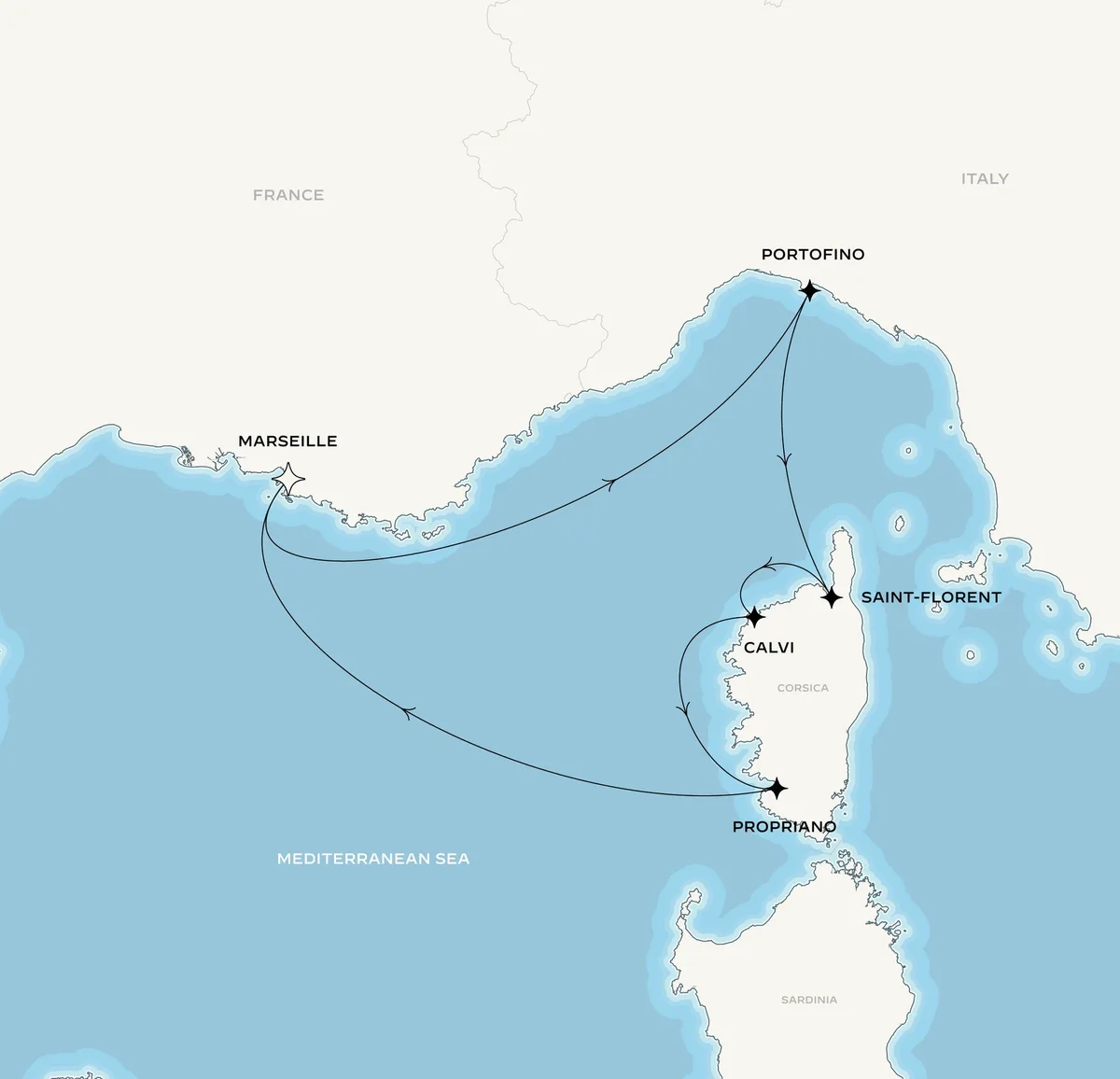 Orient Express Olympian route map from Marseille, France to Marseille, France, May 23-30, 2027, voyage OO270523MRSMRS