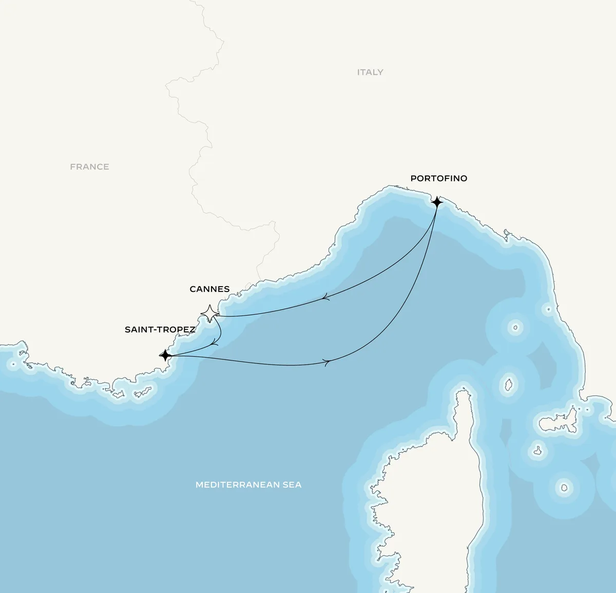 Orient Express Olympian route map from Cannes, France to Cannes, France, May 27-31, 2027, voyage OO270527CEQCEQ