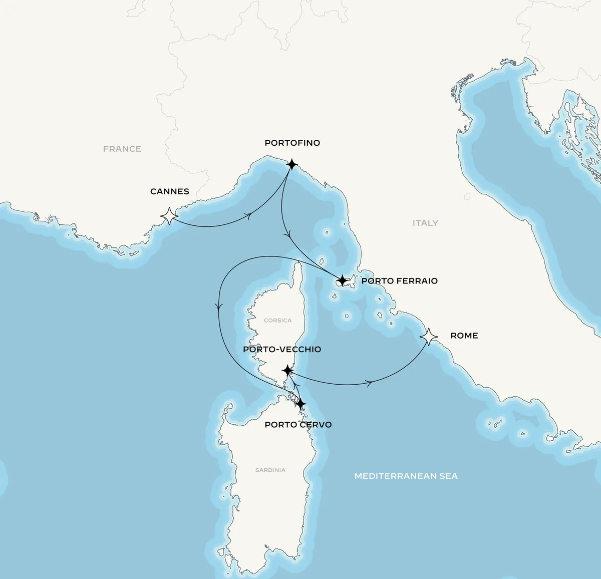 Orient Express Olympian route map from Cannes, France to Rome (Civitavecchia), Italy, June 3-10, 2027, voyage OO270603CEQCVV