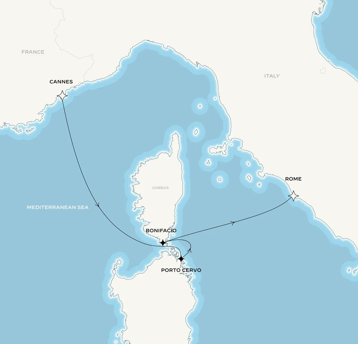 Orient Express Olympian route map from Cannes, France to Rome (Civitavecchia), Italy, June 6-10, 2027, voyage OO270606CEQCVV