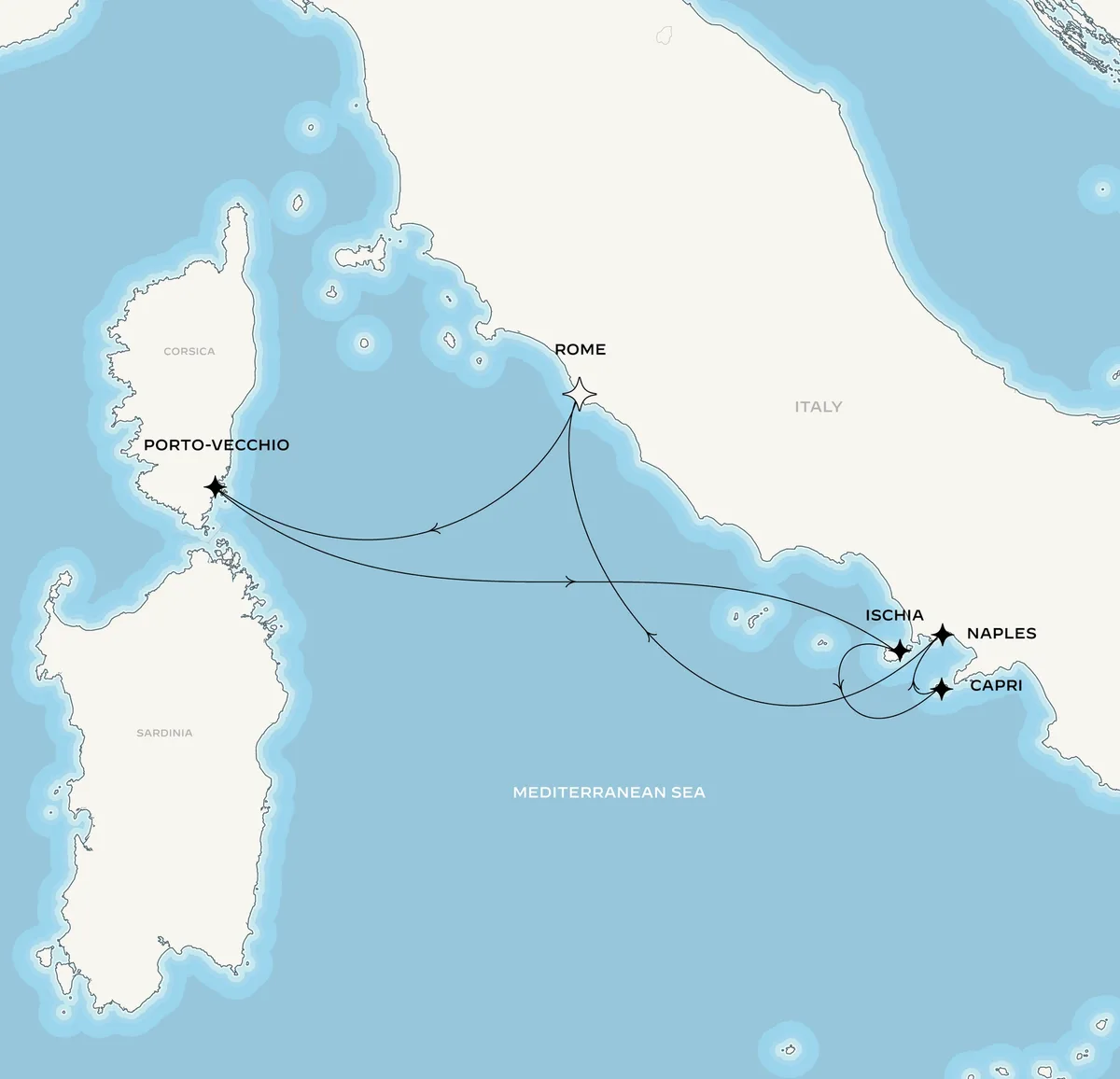 Orient Express Olympian route map from Rome (Civitavecchia), Italy to Rome (Civitavecchia), Italy, June 10-15, 2027, voyage OO270610CVVCVV