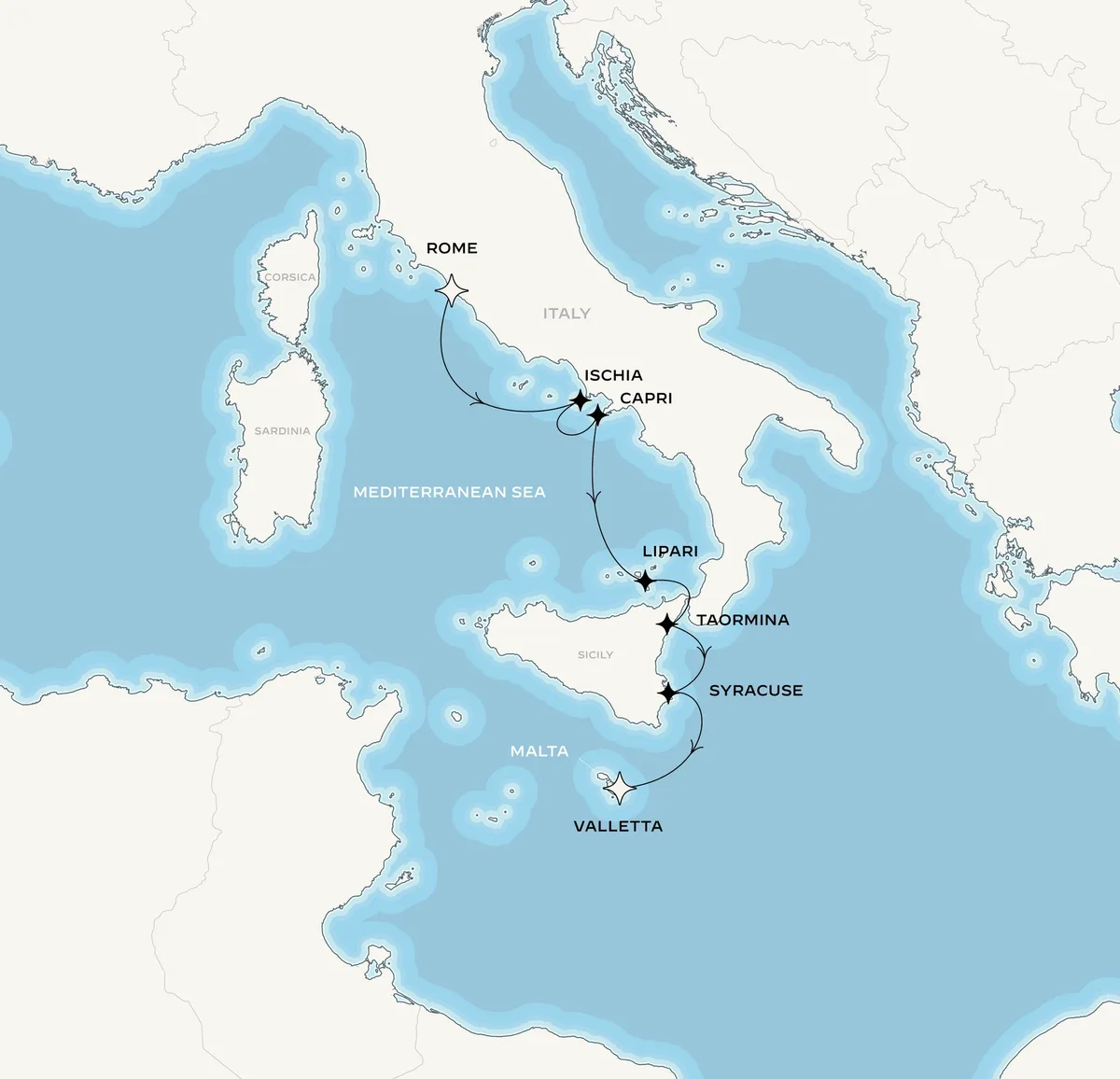 Orient Express Olympian route map from Rome (Civitavecchia), Italy to Valletta, Malta, June 15-20, 2027, voyage OO270615CVVMLA