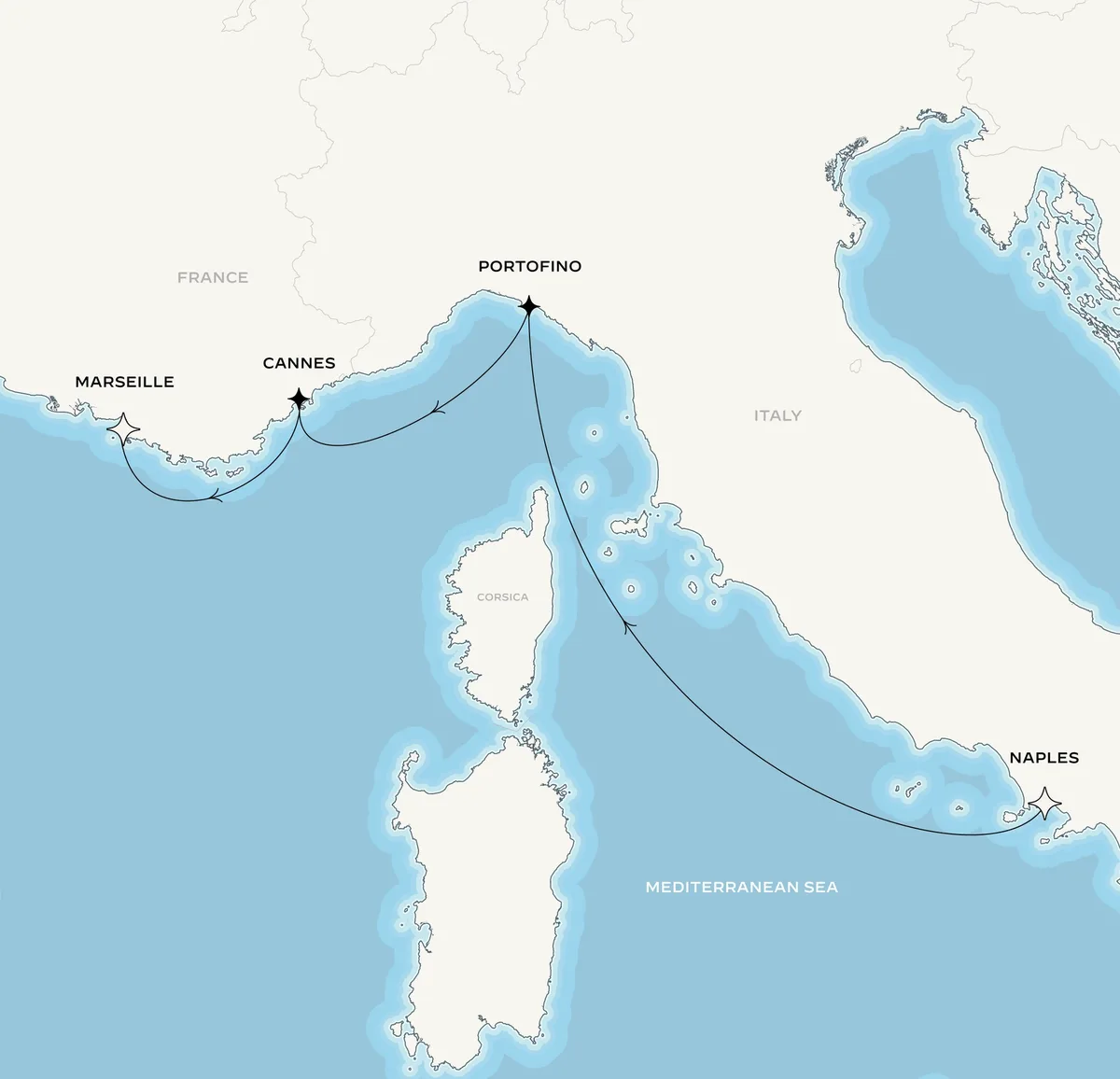 Orient Express Olympian route map from Naples, Italy to Marseille, France, June 20-24, 2027, voyage OO270620MLAPMI