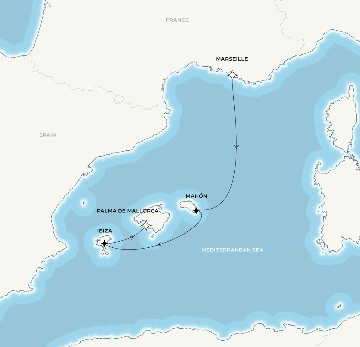 Orient Express Olympian route map from Marseille, France to Palma de Mallorca, Spain, June 24-28, 2027, voyage OO270624MRSPMI