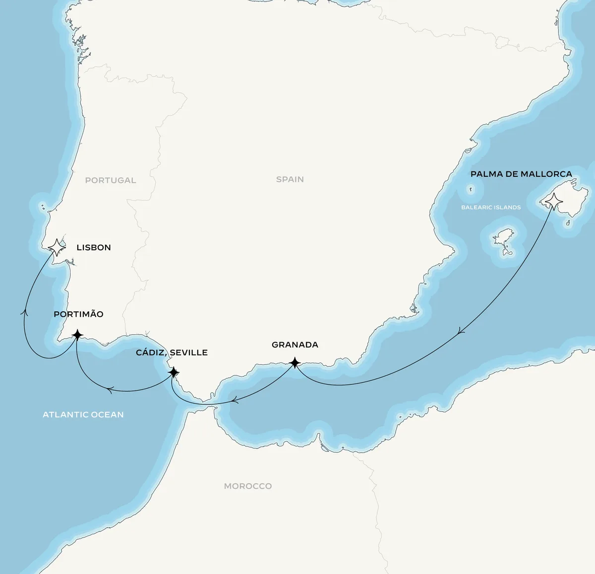 Orient Express Olympian route map from Palma de Mallorca, Spain to Lisbon, Portugal, June 27-July 4, 2027, voyage OO270627PMILIS