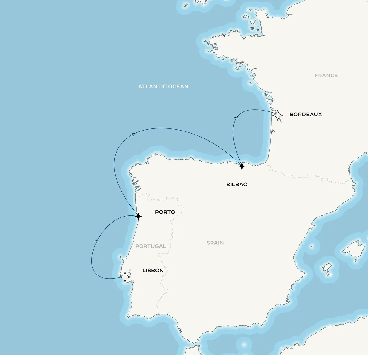 Orient Express Olympian route map from Lisbon, Portugal to Bordeaux, France, July 4-9, 2027, voyage OO270704LISBOD