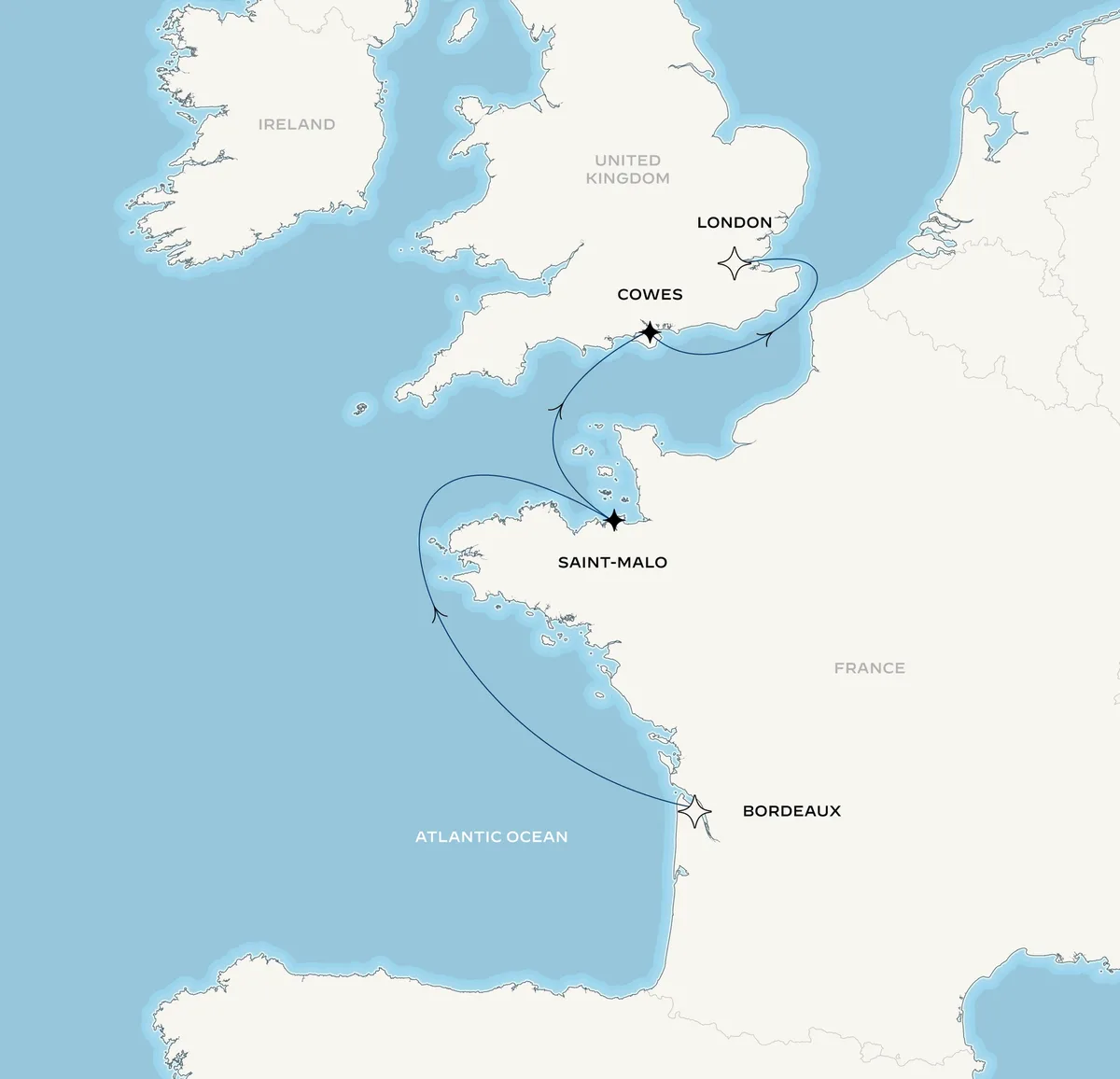 Orient Express Olympian route map from Lisbon, Portugal to London, United Kingdom, July 9-15, 2027, voyage OO270709BORLON