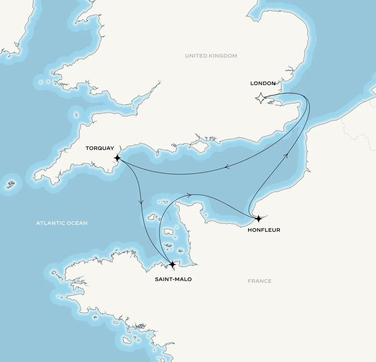 Orient Express Olympian route map from London, United Kingdom to London, United Kingdom, July 15-22, 2027, voyage OO270715LONLON