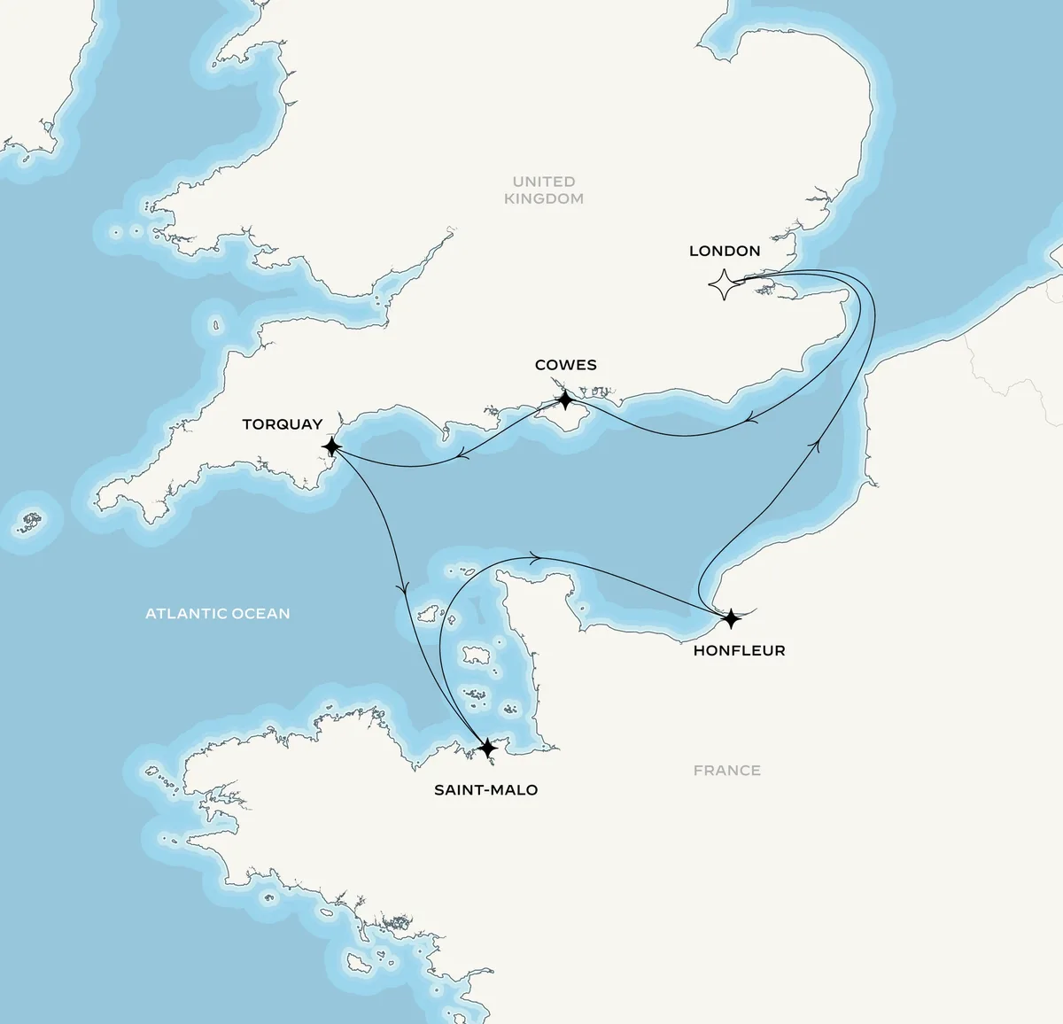 Orient Express Olympian route map from London, United Kingdom to London, United Kingdom, July 22-30, 2027, voyage OO270722LONLON