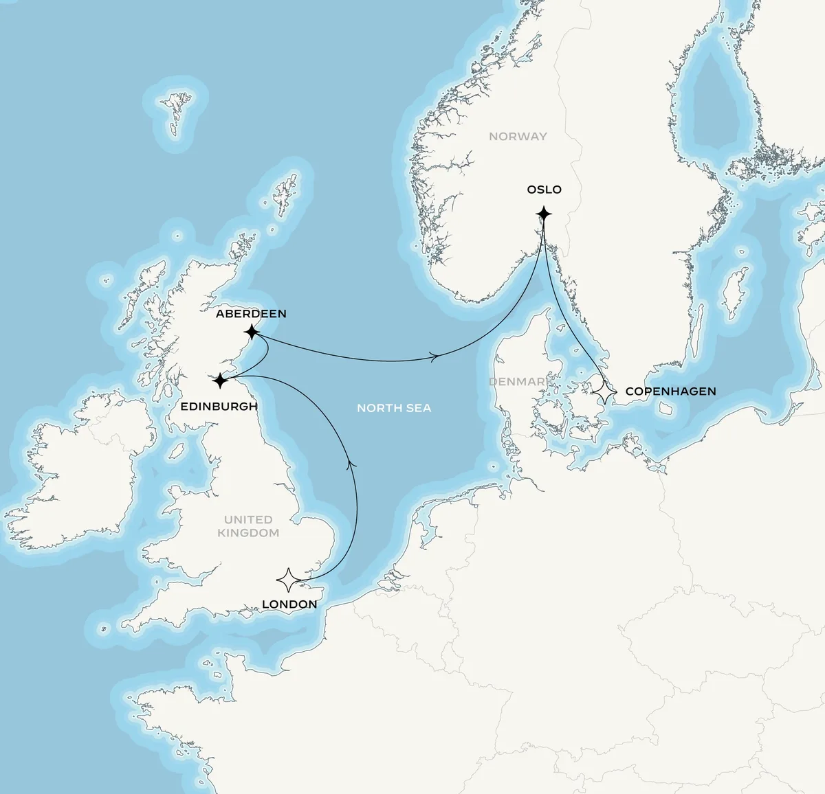 Orient Express Olympian route map from London, United Kingdom to Copenhagen, Denmark, July 30-August 6, 2027, voyage OO270730LONCPH