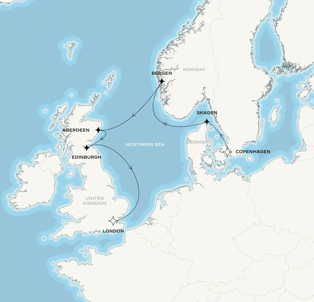 Orient Express Olympian route map from Copenhagen, Denmark to London, United Kingdom, August 6-16, 2027, voyage OO270806CPHLON