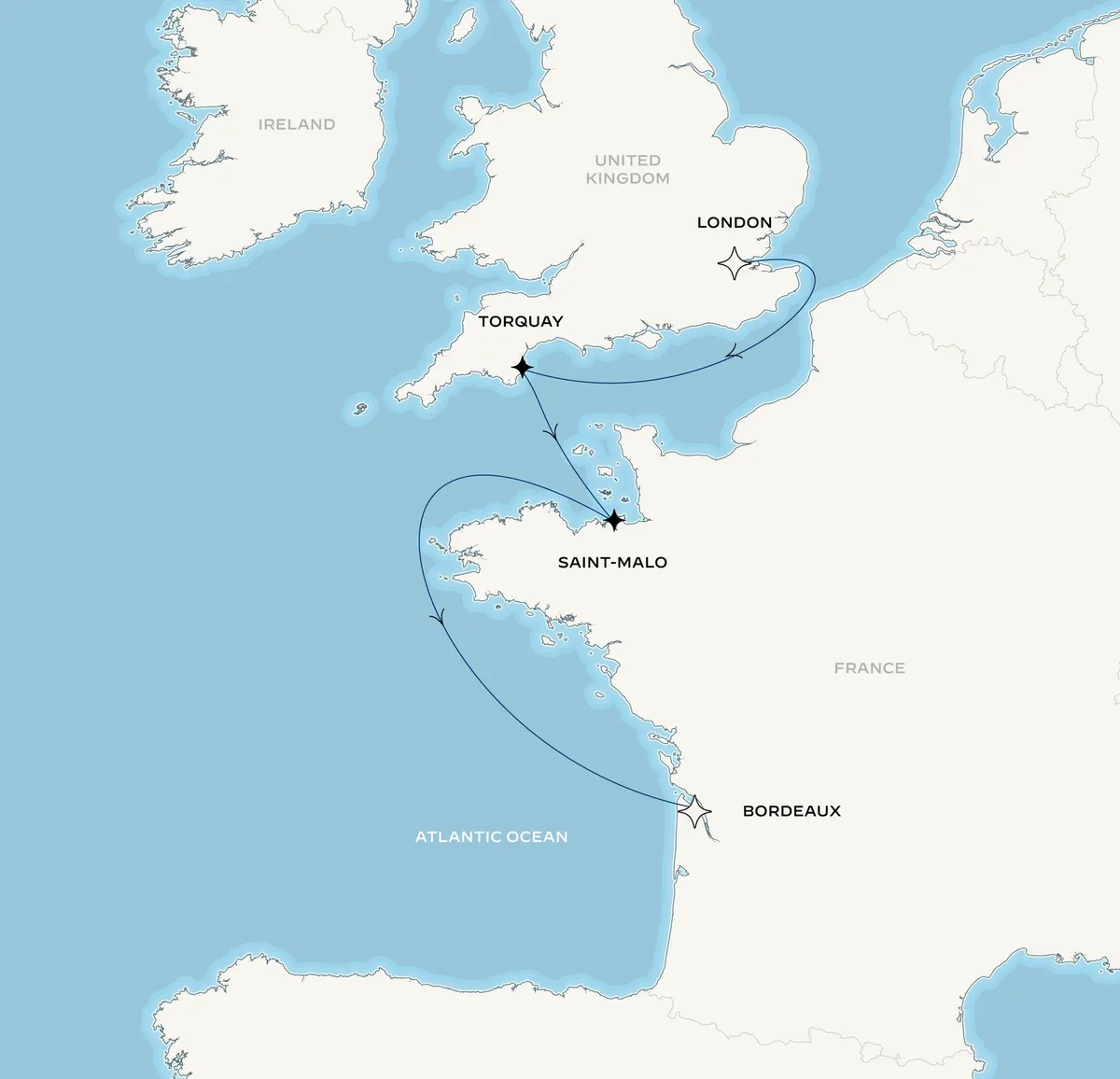 Orient Express Olympian route map from London, United Kingdom to Bordeaux, France, August 16-22, 2027, voyage OO270816LONBOD