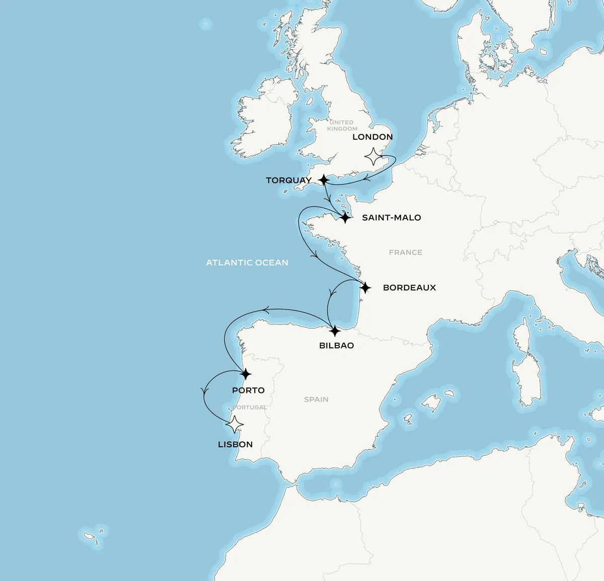 Orient Express Olympian route map from London, United Kingdom to Lisbon, Portugal, August 16-27, 2027, voyage OO270816LONLIS
