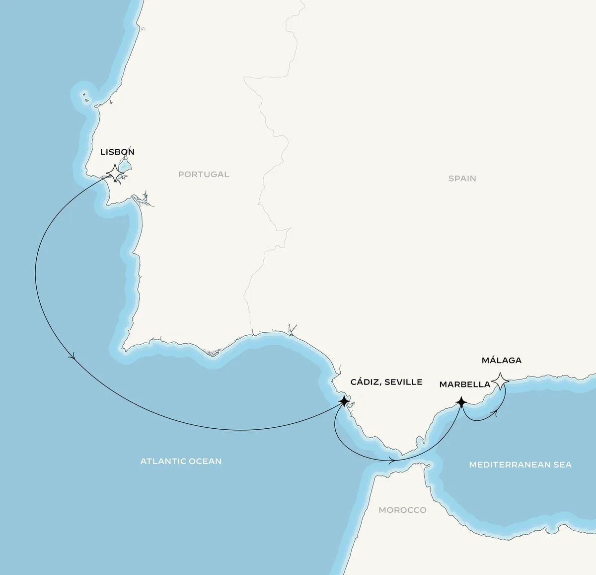 Orient Express Olympian route map from Lisbon, Portugal to Málaga, Spain, August 27-September 1, 2027, voyage OO270827LISAGP