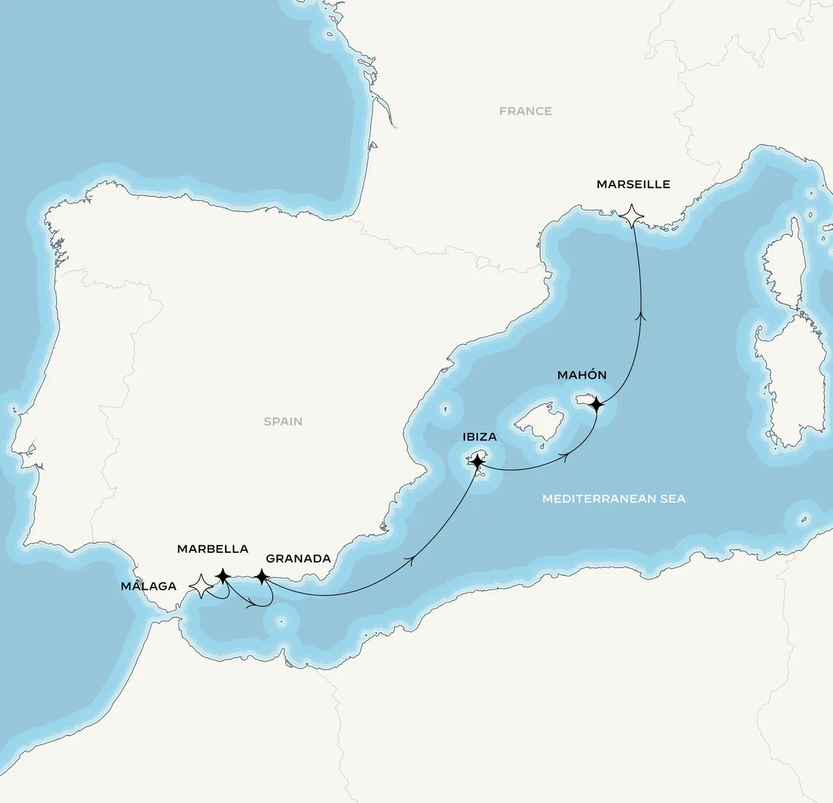 Orient Express Olympian route map from Málaga, Spain to Marseille, France, September 1-9, 2027, voyage OO270901AGPMRS