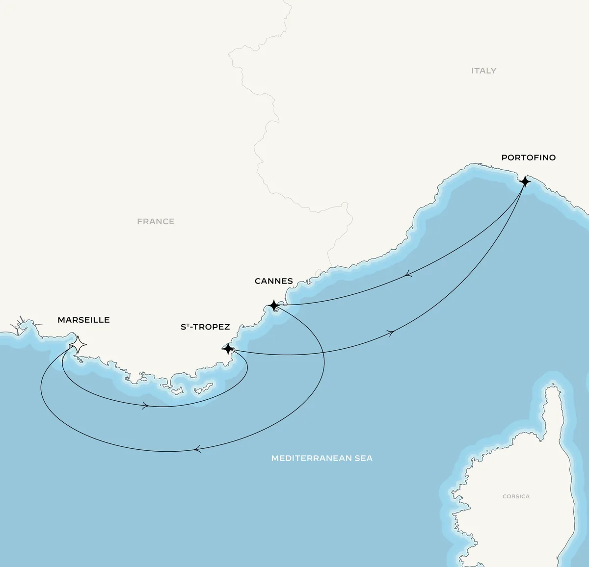 Orient Express Olympian route map from Marseille, France to Marseille, France, September 9-15, 2027, voyage OO270909MRSMRS