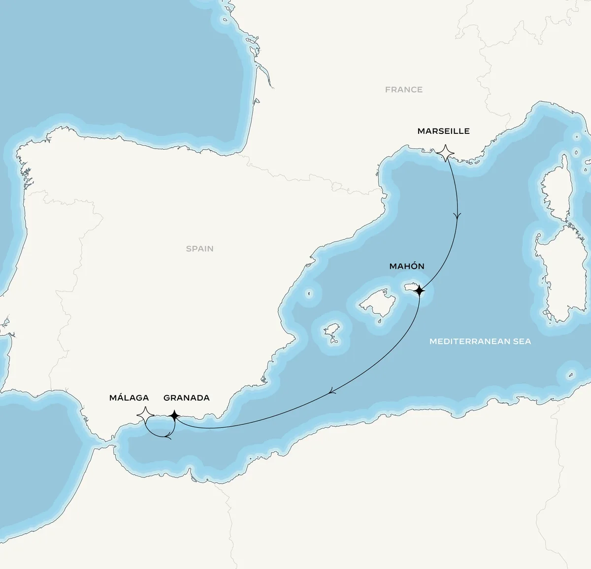Orient Express Olympian route map from Marseille, France to Málaga, Spain, September 15-20, 2027, voyage OO270915MRSAGP