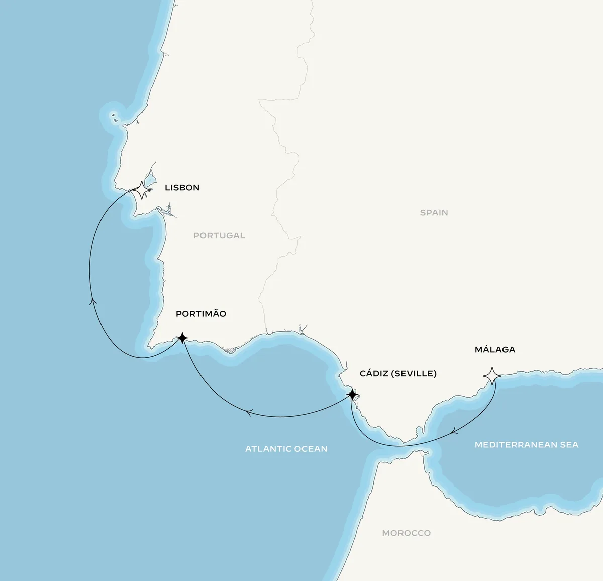 Orient Express Olympian route map from Málaga, Spain to Lisbon, Portugal, September 20-24, 2027, voyage OO270920AGPLIS
