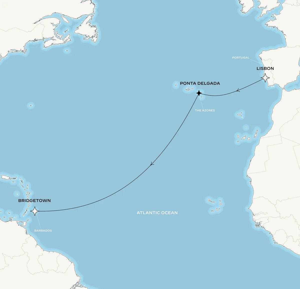 Orient Express Olympian route map from Lisbon, Portugal to Bridgetown, Barbados, September 24-October 8, 2027, voyage OO270924LISBGI