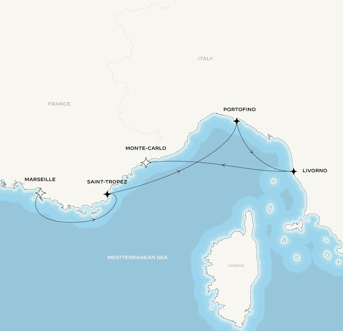 Orient Express Olympian route map from Marseille, France to Monte-Carlo, Monaco, September 27-October 3, 2027, voyage OO270927MRSMON