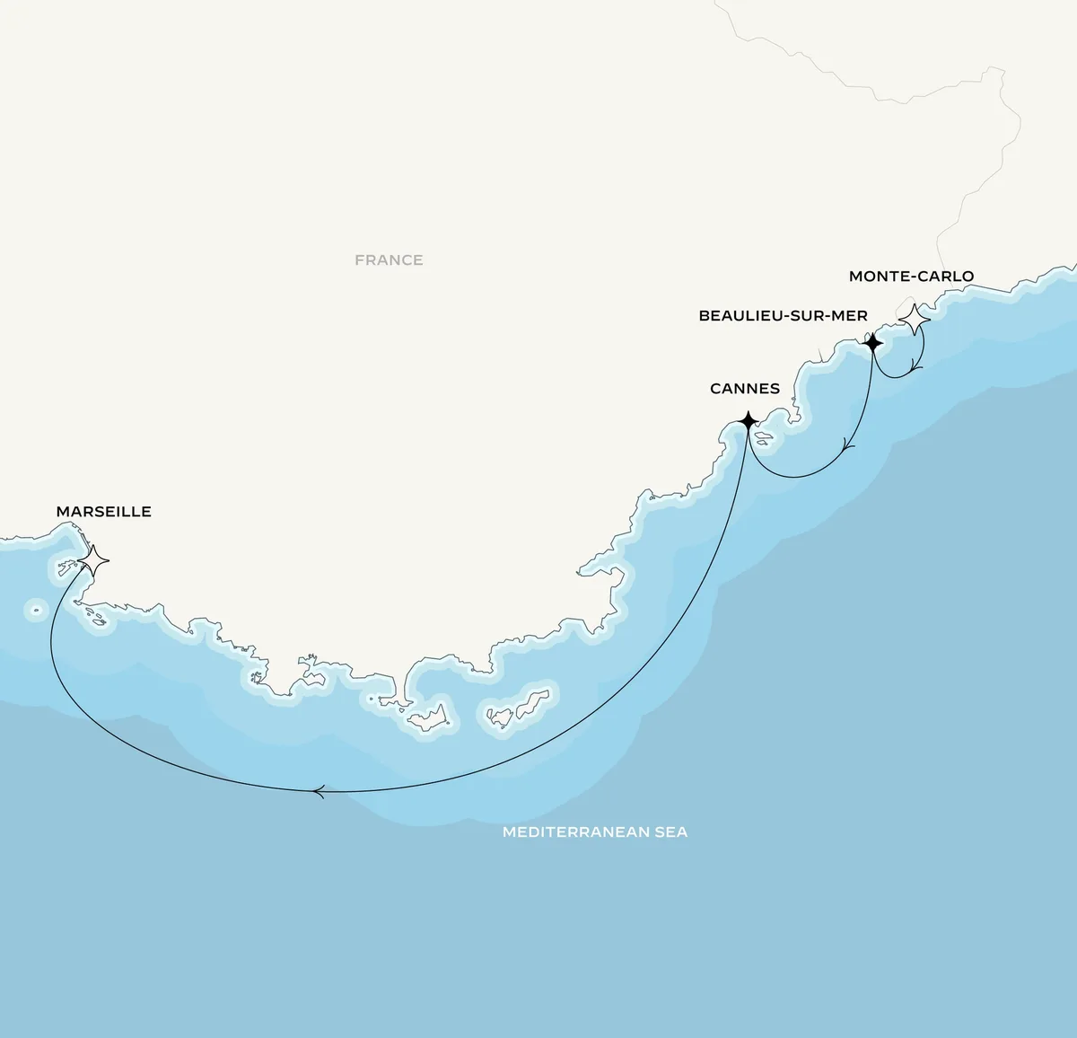Orient Express Olympian route map from Monte-Carlo, Monaco to Marseille, France, October 3-6, 2027, voyage OO271003MONMRS