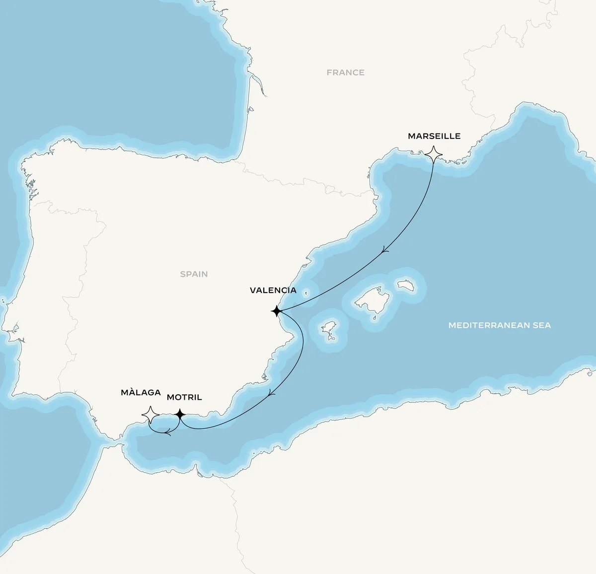 Orient Express Olympian route map from Marseille, France to Málaga, Spain, October 6-11, 2027, voyage OO271006MRSAGP