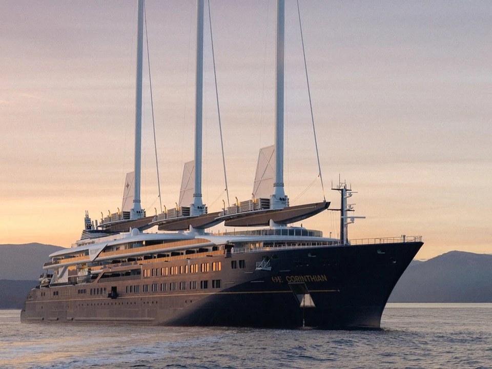 Orient Express Corinthian luxury sailing yacht at sunset