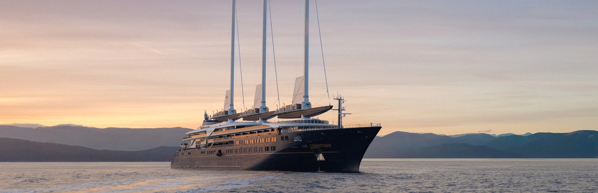 Orient Express Corinthian sailing at sunset