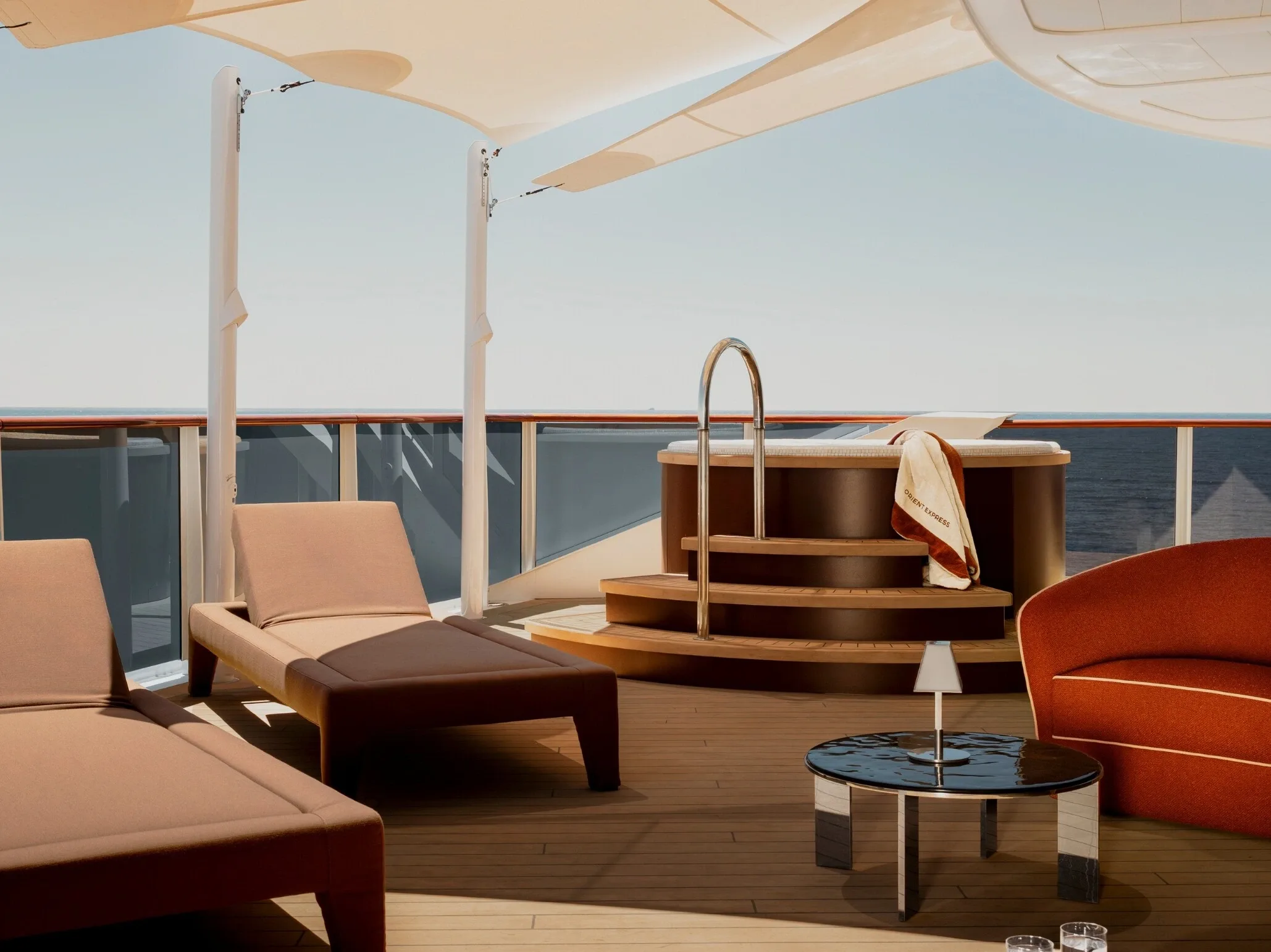 Agatha Christie Penthouse Suite terrace and private jacuzzi aboard Orient Express Sailing Yachts