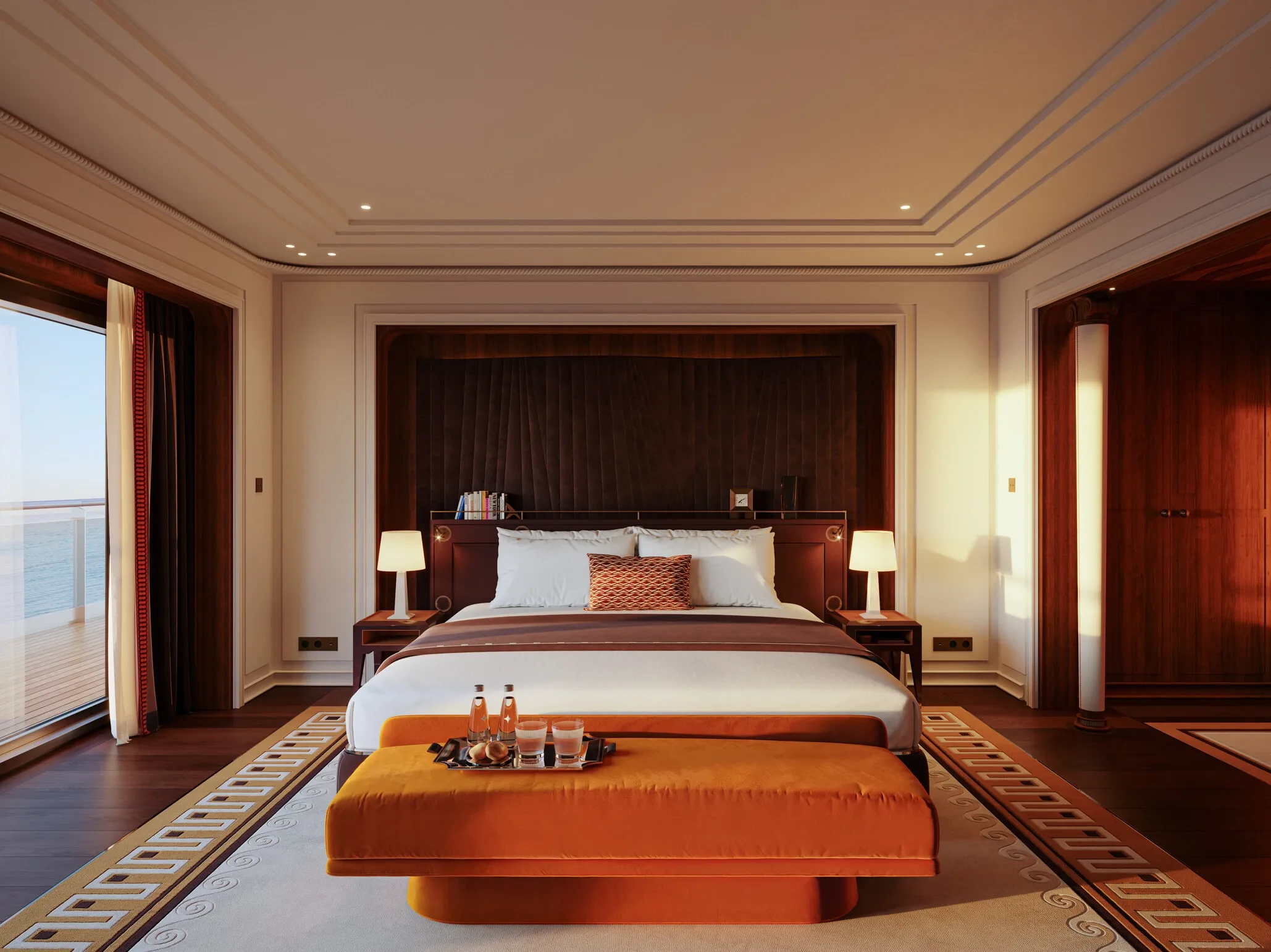 Appartement Prestige bedroom and living area aboard Orient Express Sailing Yachts