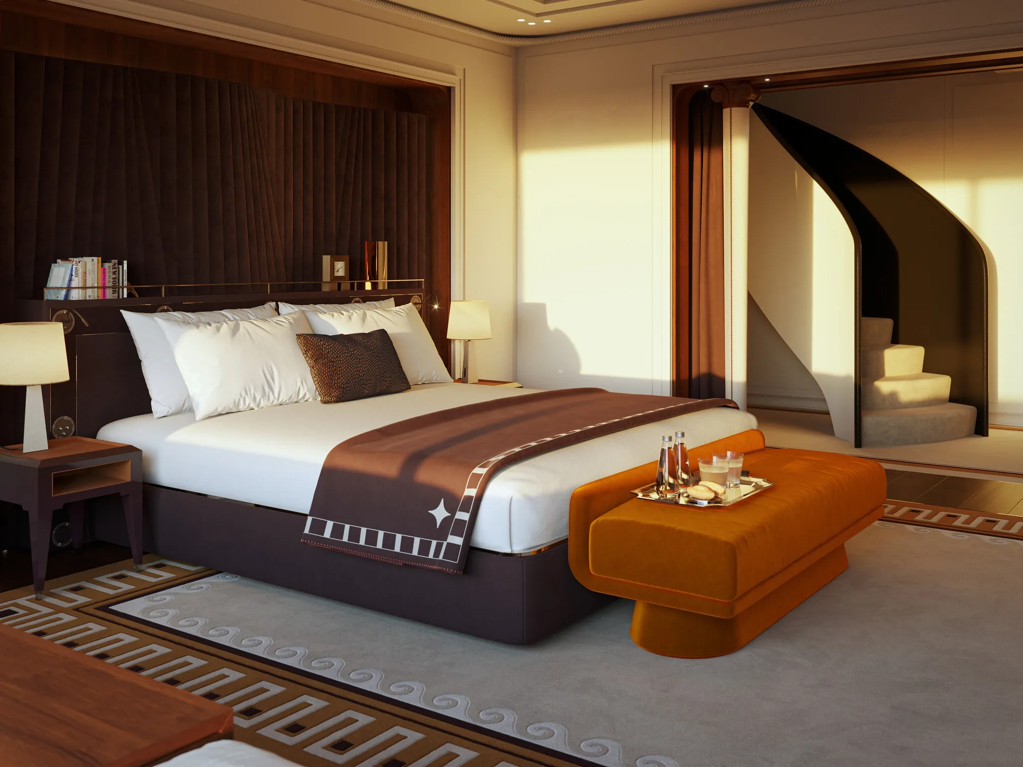 Two-level Suite Duplex bedroom aboard Orient Express Sailing Yachts