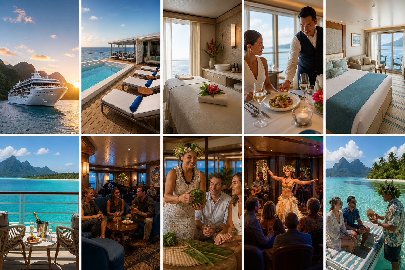 Ten-panel Paul Gauguin luxury cruise inspiration collection featuring the ship, pool deck, wellness, dining, suites, cultural experiences, entertainment, and French Polynesia