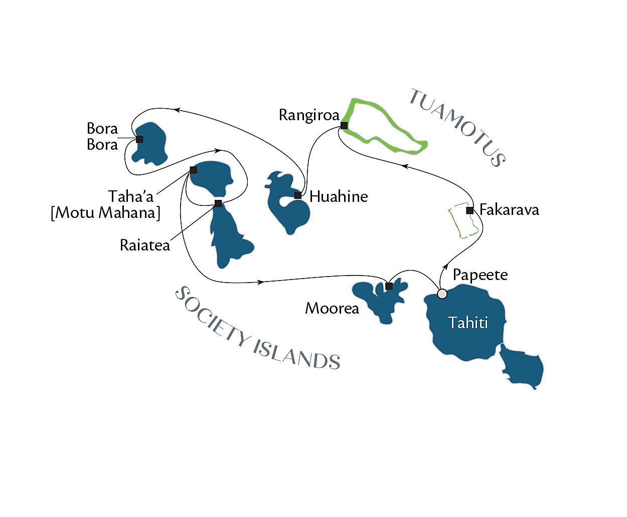 Official route map for More Tuamotus & Society Islands, Voyage PG021226, December 2–12, 2026