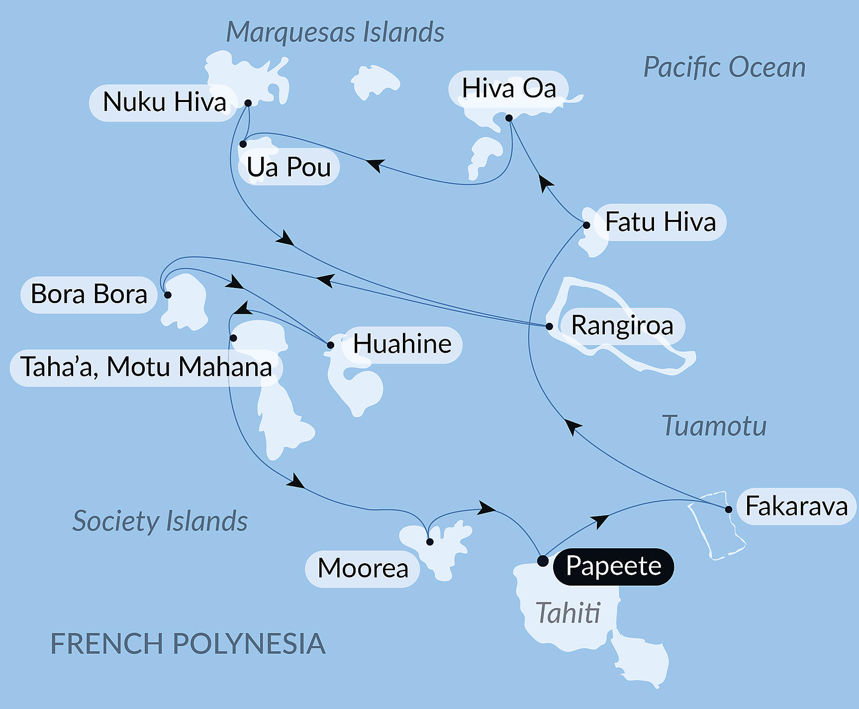 Official route map for Marquesas, Tuamotus & Society Islands, Voyage PG150826, August 15–29, 2026