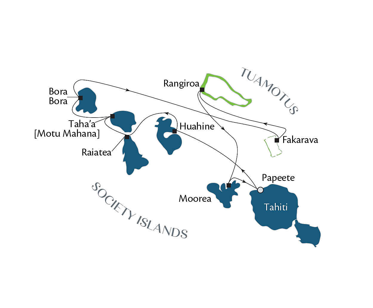 Official route map for Society Islands & Tuamotus, Voyage PG240727, July 24 – August 4, 2027