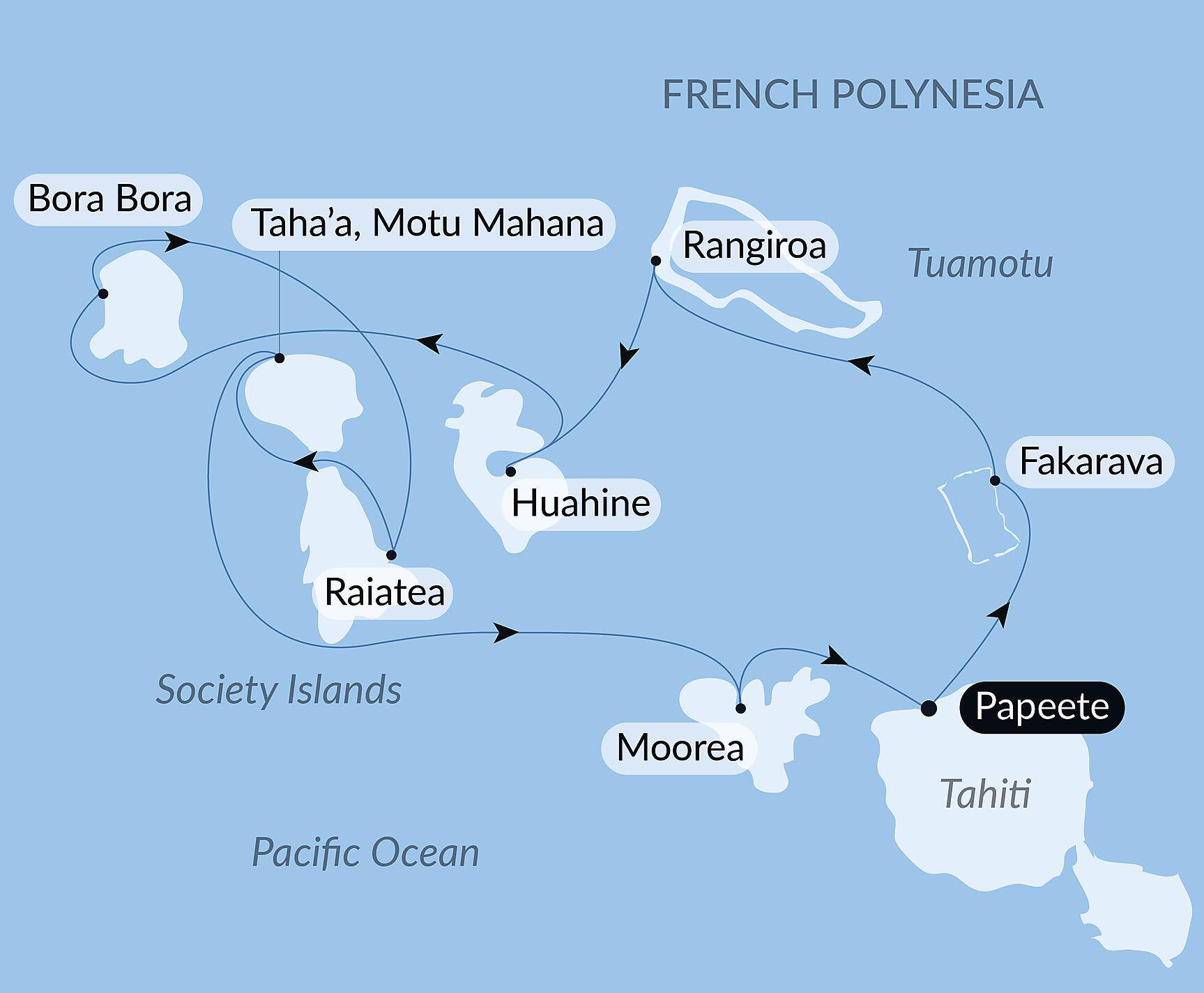 Official route map for Society Islands & The Tuamotus, Voyage PG030628, June 3–14, 2028