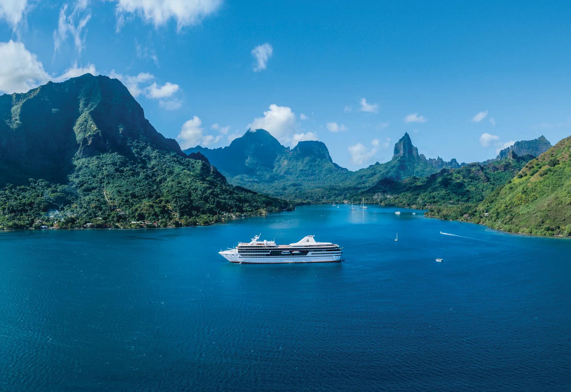 Aerial view of m/s Paul Gauguin anchored in Cook's Bay, Moorea