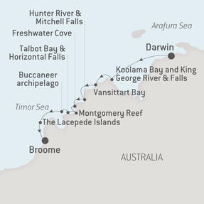 Ponant Yacht Cruises L'Austral  Map Detail Darwin, Australia to Broome, Australia August 12-22 2021 - 10 Days
