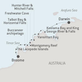 Ponant Yacht Cruises L'Austral  Map Detail Darwin, Australia to Broome, Australia July 3-13 2021 - 10 Days