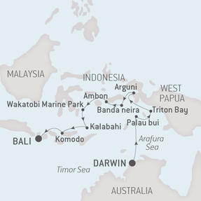 Ponant Yacht Cruises L'Austral  Map Detail Darwin, Australia to Benoa (Bali), Indonesia September 11-22 2017 - 11 Days