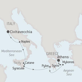 Ponant Yacht Cruises Le Lyrial  Map Detail Civitavecchia, Italy to Piraeus, Greece October 3-10 2021 - 7 Days