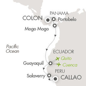 HONEYMOON Ponant Yacht Le Boreal Cruise Map Detail Coln, Panama to Callao, Peru October 16-25 2020 - 9 Days