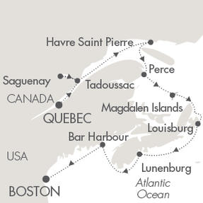 Deluxe Honeymoon Cruises Ponant Yacht Le Boreal Cruise Map Detail Qubec City, Canada to Boston, MA, United States September 21-30 2026 - 9 Days