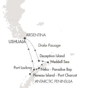 Deluxe Honeymoon Cruises Ponant Yacht Le Lyrial Cruise Map Detail Ushuaia, Argentina to Ushuaia, Argentina February 12-22 2024 - 10 Days