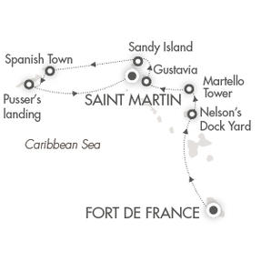 LUXURY CRUISES - Owner, Penthouse, Veranda, Balconies, Windows and Suites Ponant Yacht Le Ponant Cruise Map Detail Fort-de-France, Martinique to Marigot, Saint Martin February 7-14 2023 - 7 Days