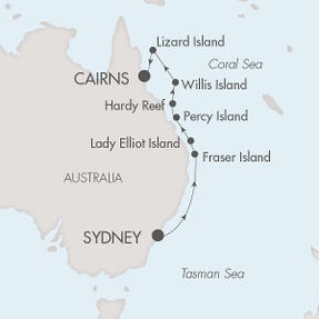 Cruise Single-Solo Balconies and Suites Ponant Yacht Le Soleal Cruise Map Detail Sydney, Australia to Cairns, Australia February 13-22 2027 - 9 Nights