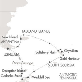 Cruise Single-Solo Balconies and Suites Ponant Yacht Le Soleal Cruise Map Detail Ushuaia, Argentina to Ushuaia, Argentina November 24 December 9 2027 - 16 Nights