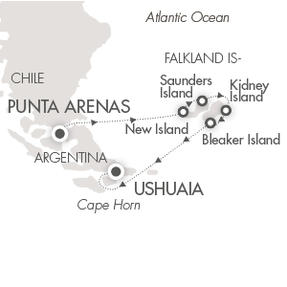 Cruise Single-Solo Balconies and Suites Ponant Yacht Le Soleal Cruise Map Detail Punta Arenas, Chile to Ushuaia, Argentina October 19-29 2027 - 12 Nights