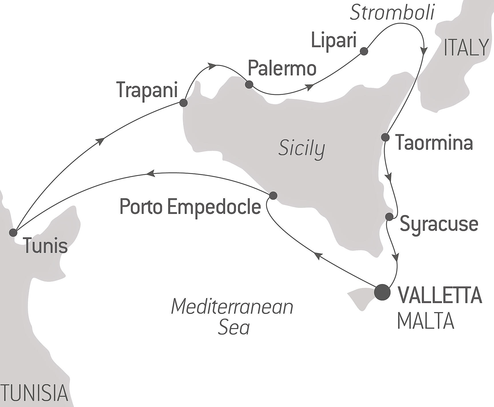 Official PONANT route map for A Circumnavigation of Sicily – with Smithsonian Journeys aboard Le Dumont d'Urville, Voyage EU290826